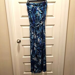 Tropical Leaf Print Halter Jumpsuit Wide Leg